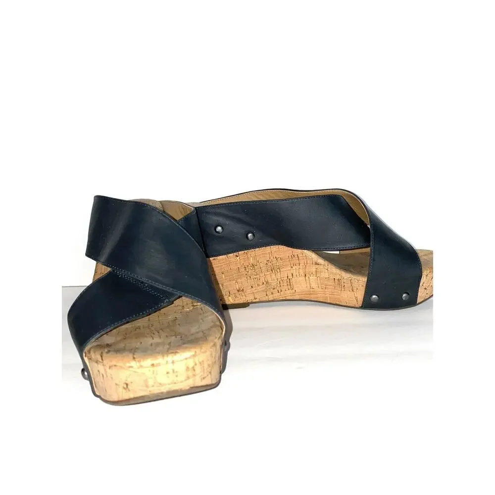 The Lucky Brand Sz 8.5 Dark Blue Strappy Nailhead Cork Wedge Sandal